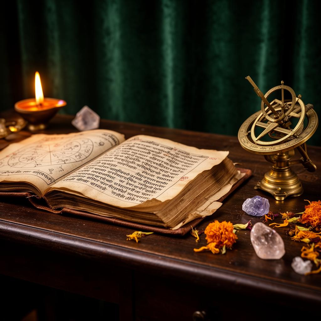 Vedic astrology manuscript with brass astrolabe and diya